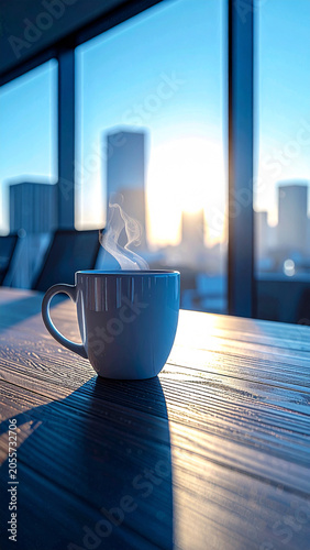 coffee cup placed near window on wooden table with soft morning ligh