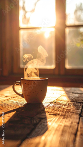 coffee cup placed near window on wooden table with soft morning ligh