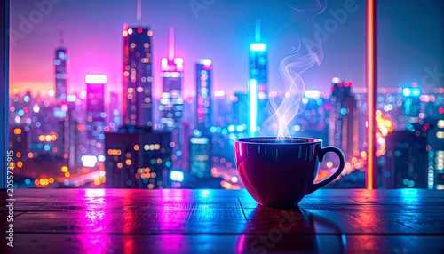 coffee cup placed near window on wooden table with soft morning ligh