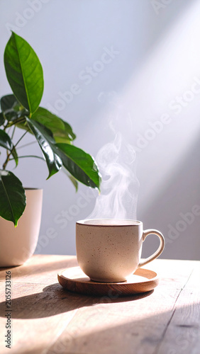 coffee cup placed near window on wooden table with soft morning ligh