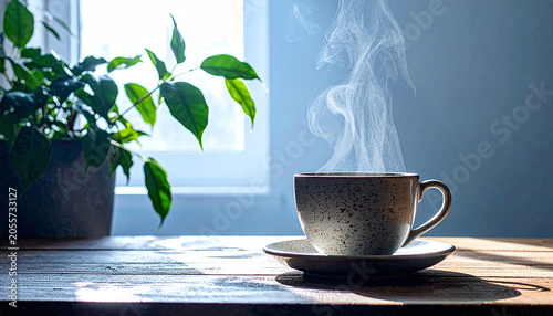 coffee cup placed near window on wooden table with soft morning ligh