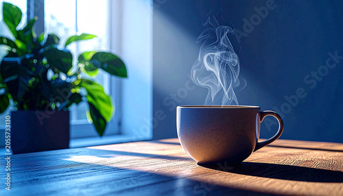 coffee cup placed near window on wooden table with soft morning ligh