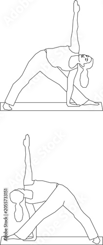 Technical 2D vector line drawing collection of a person practicing yoga in triangle pose on a mat for architectural interior design blueprints.