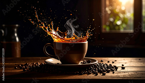 coffee cup placed near window on wooden table with soft morning ligh