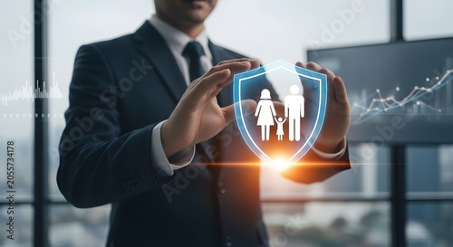 Businessman Using Digital Family Insurance Shield