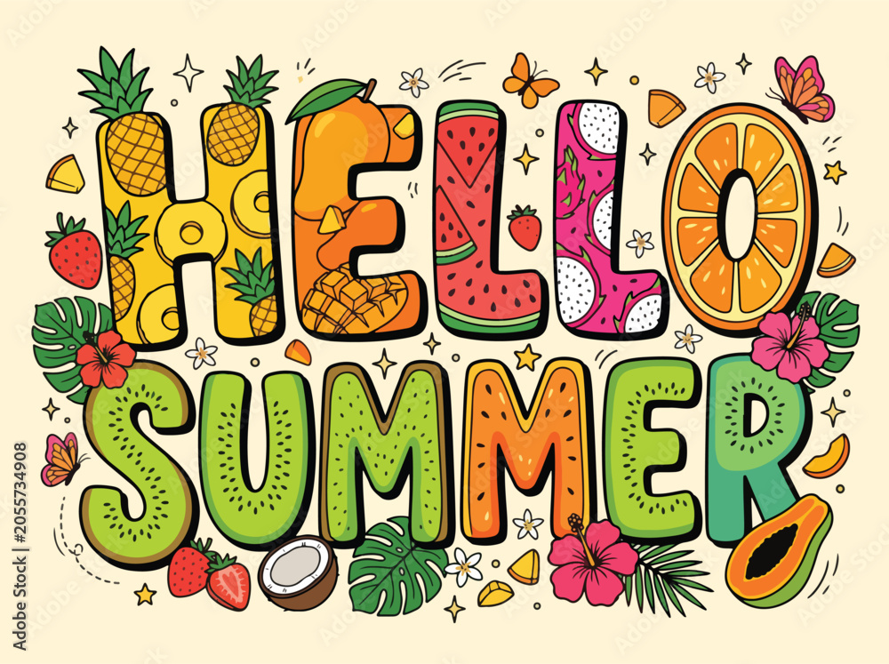 Fototapeta premium Tropical Fruit Filled Hello Summer Hand Lettering Vector with Pineapple Watermelon Mango and Kiwi Typography