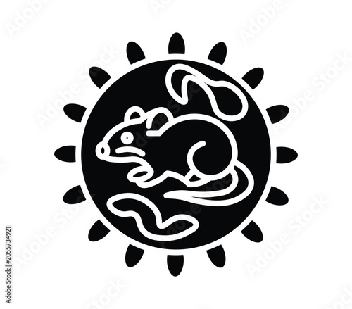 Stylized Illustration of a Mouse with Decorative Elements and Sun Motif