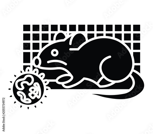 Black and white illustration of a mouse with a virus in a laboratory setting
