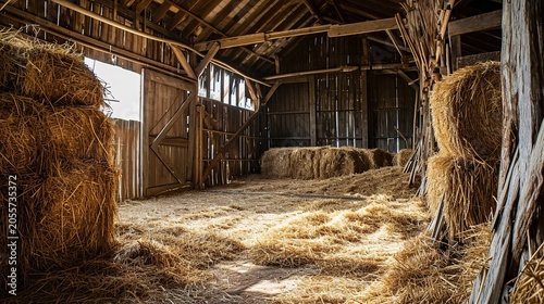 Inside a rustic wooden barn with sunlit hay bales and a straw floor