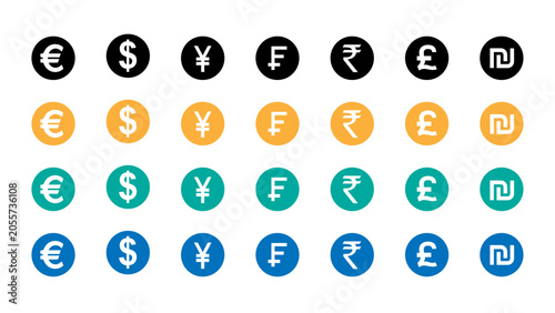 Foto World Currency Symbol Icon Set — Euro, Dollar, Yen, Franc, Rupee, Pound and Shek