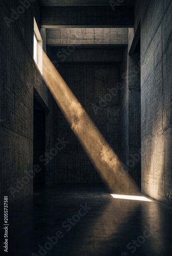 Dramatic sunbeam illuminating a dark minimalist concrete interior with volumetric light and dust particles