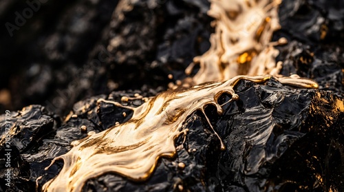 Abstract macro shot of liquid molten gold flowing over dark textured black coal or volcanic rock