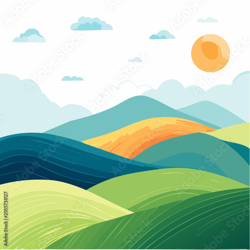 Stylized Landscape with Rolling Hills and Sun