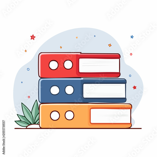 Stack of Three Colorful Books with Plant and Stars