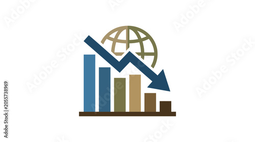 Foto Global business decline graphic with descending bar chart and earth symbol