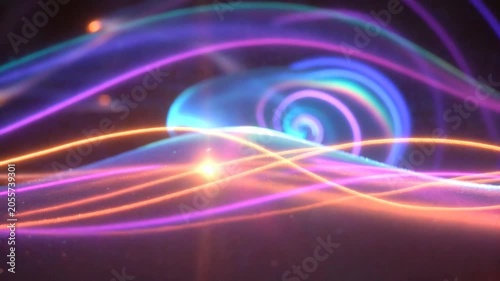 Glowing neon light trails and spiral particles creating a magical glowing vortex in a dark cosmic space with glowing particles