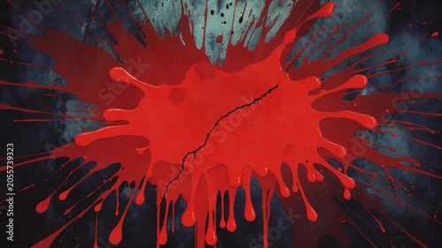 Dark red liquid splashing and expanding over a grungy, textured background. Dynamic animation of paint drops and splatters for a dramatic effect