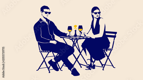 Stylish Couple Enjoying a Romantic Evening with Wine at a Bistro Table Illustration