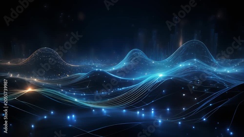 Abstract Wavy digital technology lines with bright lights and dark void background 