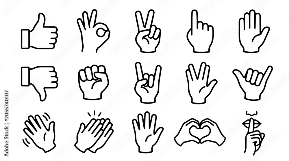 Obraz premium Set of diverse hand gesture outline signs and symbols