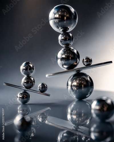 Metallic spheres balance on metal bars with reflective surface