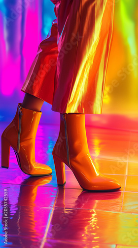 Stylish high heel boots in vibrant neon light with colorful reflections, trendy fashion footwear