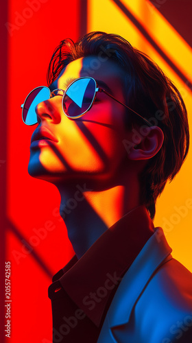 Portrait of young man with sunglasses in dramatic red and blue neon light, stylish fashion mood