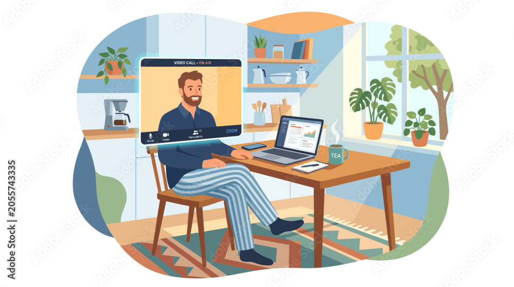 Fototapeta premium Man in Pajama Pants Having Video Call While Working From Home