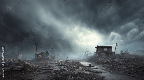 Post-apocalyptic landscape with dark stormy skies and destroyed buildings
