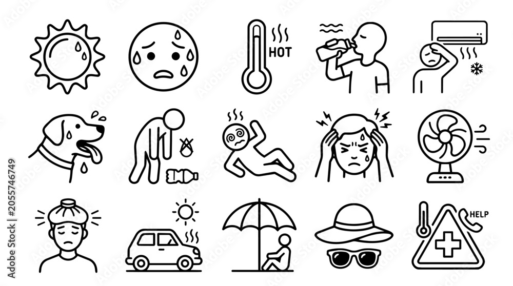 Fototapeta premium Set of heatstroke and summer heat safety line icons