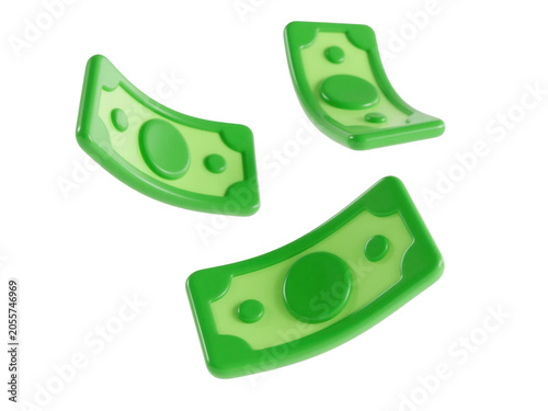 Floating 3D cartoon style paper money bills, stylized green banknotes flying in air, isolated digital assets for financial design, banking, wealth, commerce, economy.