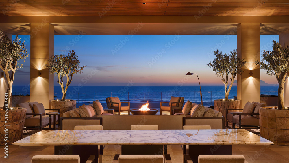 Fototapeta premium Luxury Beachfront Patio with Fire Pit and Ocean Sunset View