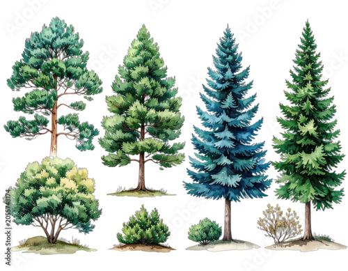 A collection of watercolor illustrations of various evergreen trees and bushes on a black background.