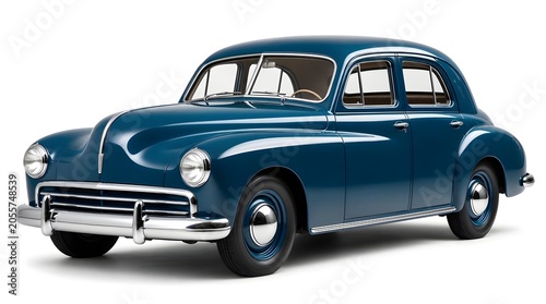 Vintage blue four door sedan with polished chrome accents isolated on a white background