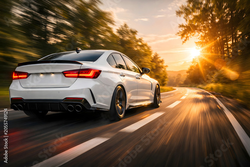White luxury sports sedan driving fast on a winding forest road during a golden sunset