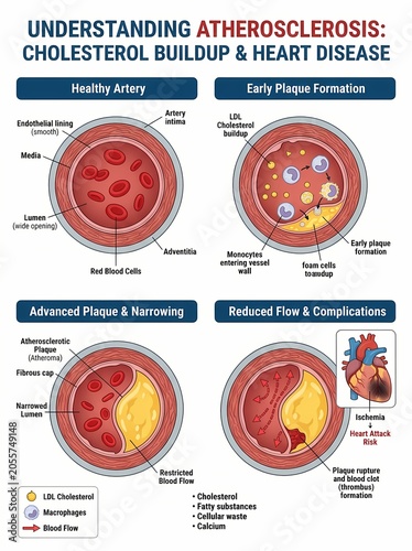 Anatomical diagram of atherosclerosis stages and arterial plaque development