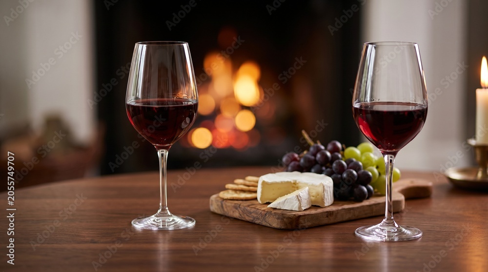 Naklejka premium Two glasses of red wine with a cheese board and grapes on a wooden table, with a fireplace in the background