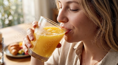 A young woman is in her kitchen at home, drinking her orange juice during breakfast.