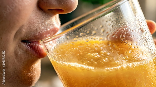 A young woman is in her kitchen at home, drinking her orange juice during breakfast.