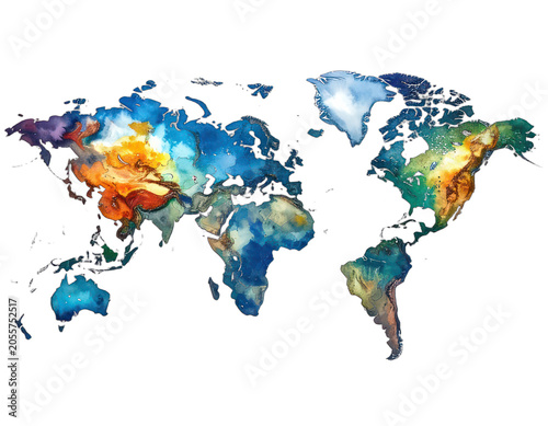 A vibrant, artistic watercolor world map on a black background.