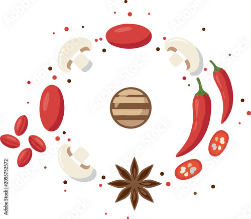 Cuadro en lienzo Asian Soup Ingredients Circular Vector Frame Set with Red Chili Pepper Star Anis