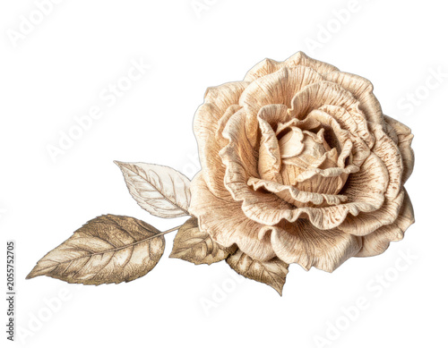 A detailed carved rose sculpture with leaves against a black background.