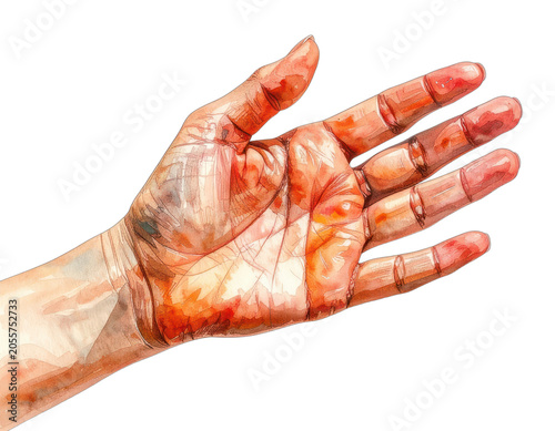A watercolor painting of an open hand rendered with warm tones and stark black background.