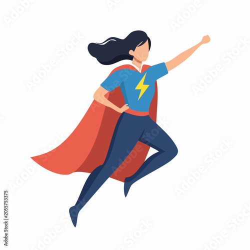 Woman Superhero Flying with Red Cape and Lightning Bolt Symbol