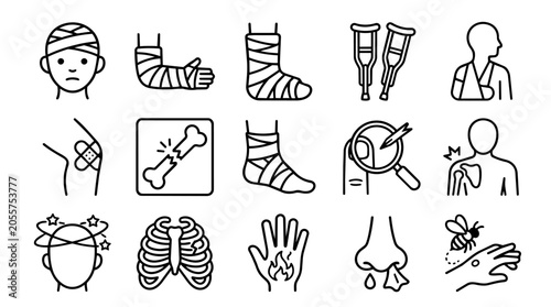 Medical injuries and health problems outline icon set