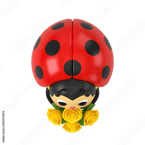 Cute 3D ladybug character holding yellow roses