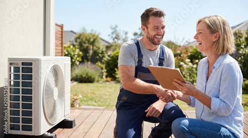 Friendly HVAC Technician Shaking Hands with Female Homeowner After Successful Air Conditioning Unit Installation