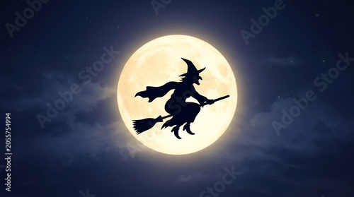 Halloween Witch Silhouette: A mysterious witch on her broomstick flies across a luminous full moon, silhouetted against a dark, starry night sky, invoking a sense of enchantment and spooky wonder.