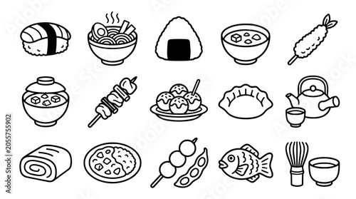 Set of traditional Japanese food and drink outline icons