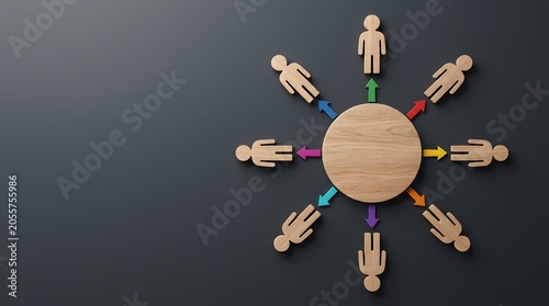 Wooden people figures pointing colorful arrows toward a central blank wooden circle. Concept of human resources management, team delegation hub, and corporate networking communication.